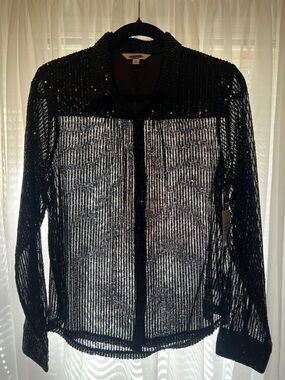 Lucky Brand Black Sequined Sheer Button-Down Shirt